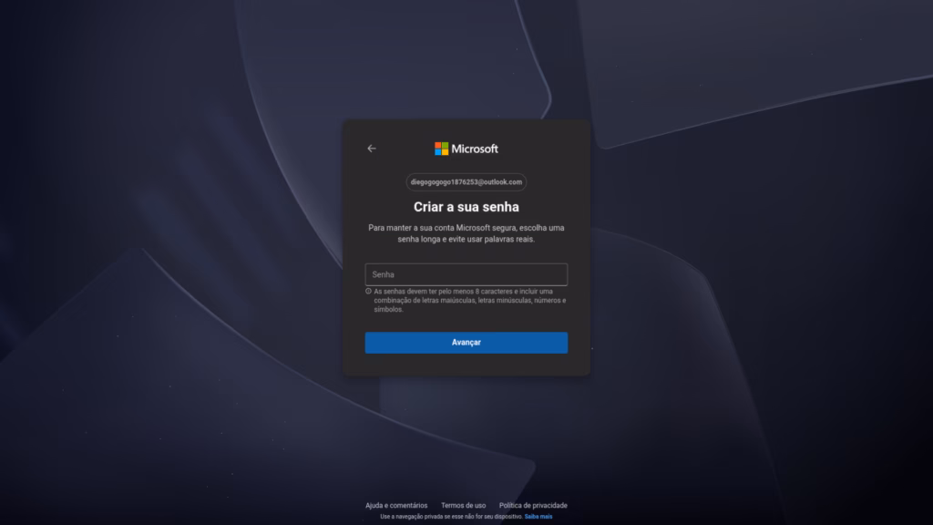 Como criar uma conta de e-mail do outlook Formulário de criação de senha para a nova conta microsoft com instruções de segurança para proteger o acesso.