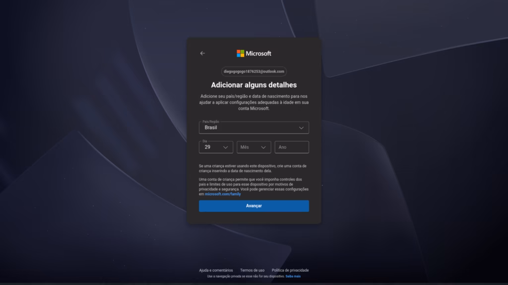 Como criar uma conta de e-mail do outlook Tela de cadastro da microsoft solicitando país de residência e preenchimento da data de nascimento do usuário.