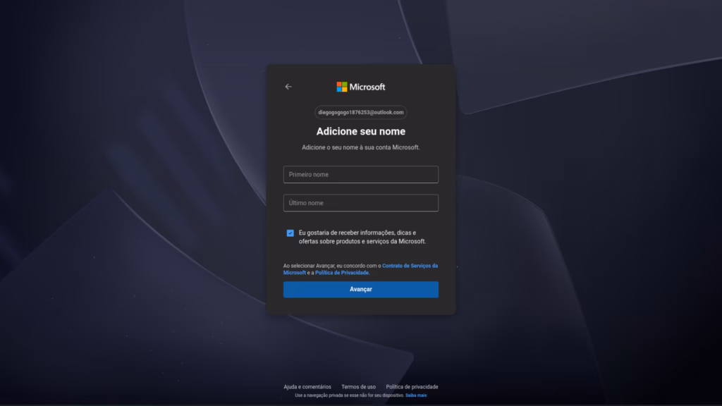 Como criar uma conta de e-mail do outlook Formulário de identificação pessoal da microsoft para preenchimento de primeiro nome e último nome do titular da conta.