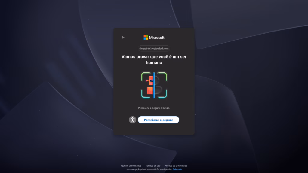 Como criar uma conta de e-mail do outlook Desafio de segurança contra robôs na tela de cadastro da microsoft solicitando confirmação de usuário humano.