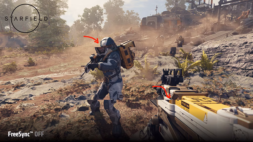 O que é vrr: entenda a taxa de atualização variável em monitores e tvs Demonstração do jogo starfield com freesync off apresentando cortes horizontais na imagem e setas vermelhas apontando o problema visual de screen tearing.