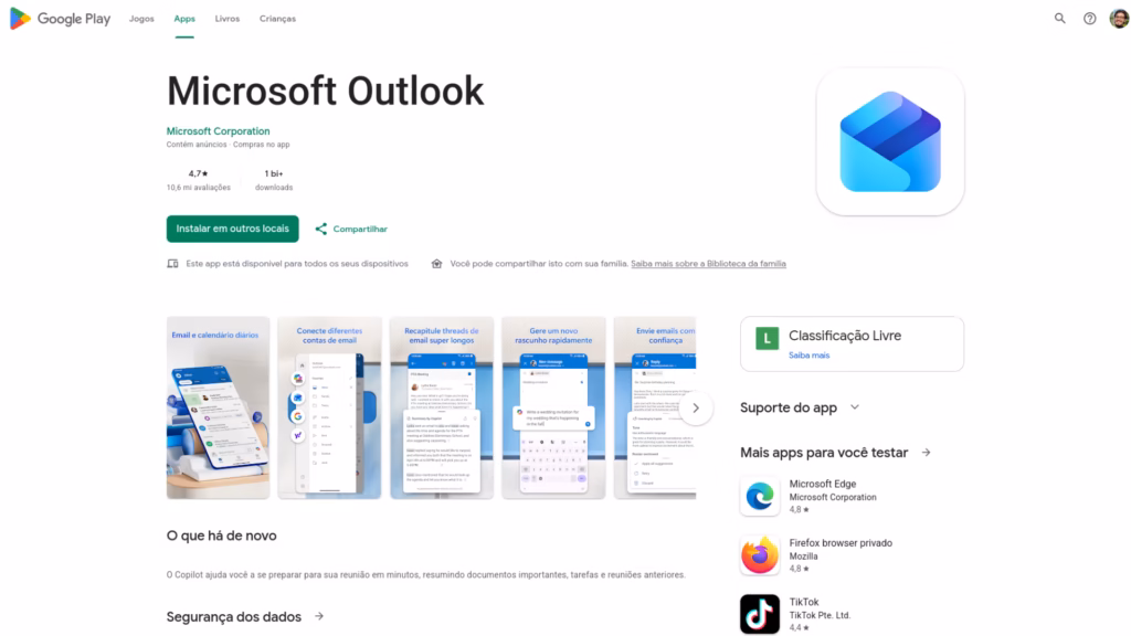 Como criar uma conta de e-mail do outlook Página do google play com o microsoft outlook para android, usado no passo a passo de como criar uma conta outlook no celular.