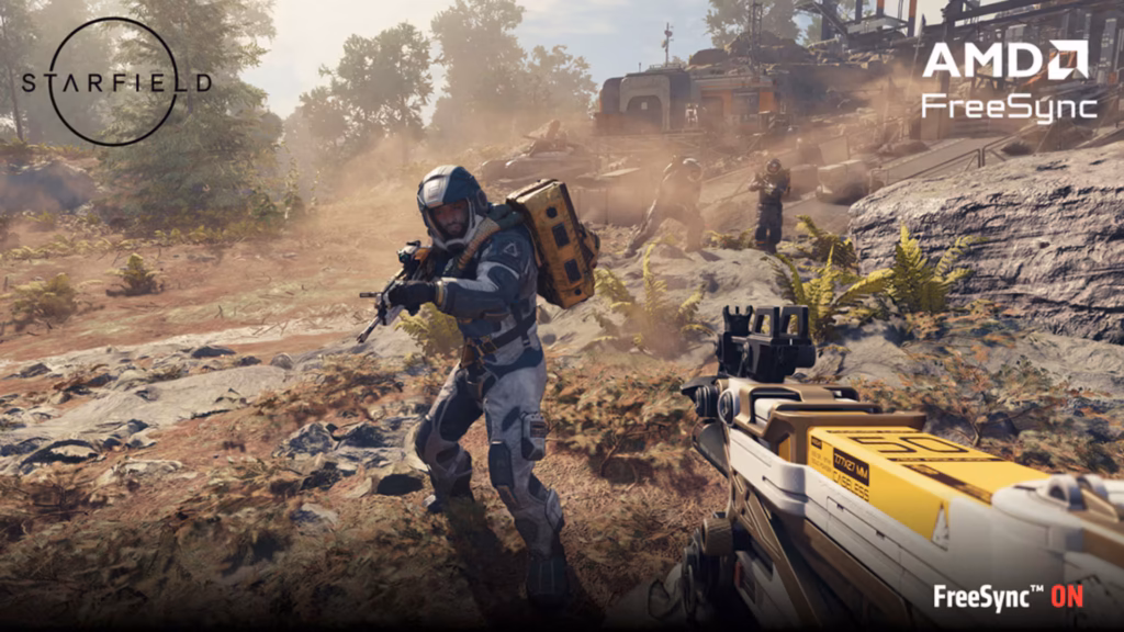 O que é vrr: entenda a taxa de atualização variável em monitores e tvs Cena do jogo starfield com freesync ligado e logotipo da tecnologia no canto superior, exibindo a imagem alinhada e fluida proporcionada pelo freesync e pela taxa de atualização variável.