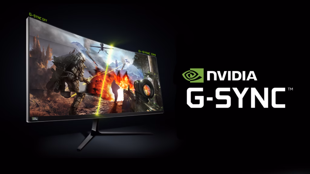 O que é vrr: entenda a taxa de atualização variável em monitores e tvs Monitor curvo ultrawide comparando o lado esquerdo com g-sync desligado e o lado direito com g-sync ligado, destacando a tecnologia nvidia g-sync e a diferença entre freesync e g-sync na eliminação de cortes visuais.