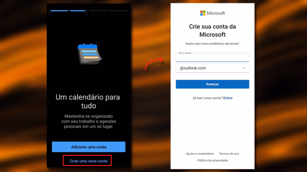 Como criar uma conta de e-mail do outlook Tela inicial do outlook no celular com o botão criar uma nova conta destacado e formulário microsoft para obter um endereço @outlook. Com, etapa de como criar uma conta outlook no celular.