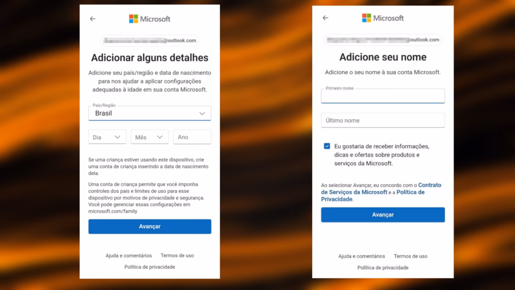 Como criar uma conta de e-mail do outlook Telas do cadastro da conta microsoft com país brasil, data de nascimento e campos de nome para criar conta microsoft.