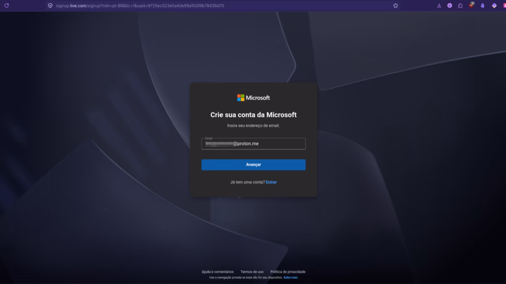 Como criar uma conta de e-mail do outlook Página de cadastro da conta microsoft no navegador com um endereço proton preenchido para criar conta microsoft.