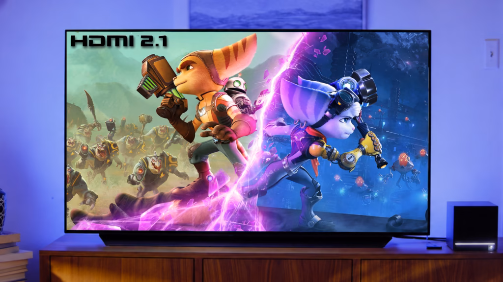 O que é vrr: entenda a taxa de atualização variável em monitores e tvs Smart tv em ambiente residencial exibindo o jogo ratchet and clank com o logotipo hdmi 2. 1, exemplificando a tecnologia hdmi vrr em consoles como playstation 5 e xbox series.