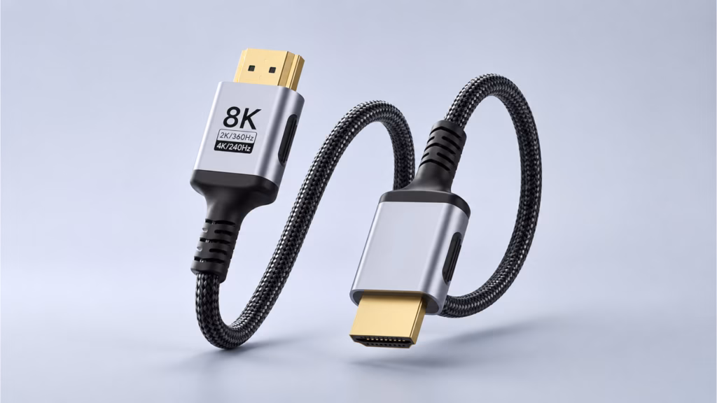 O que é vrr: entenda a taxa de atualização variável em monitores e tvs Cabo hdmi de alta velocidade com conectores dourados e blindagem reforçada com suporte a resoluções elevadas, indicando as conexões necessárias para aproveitar o hdmi vrr e a taxa de atualização variável.