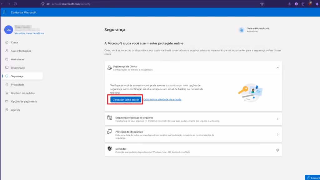Como criar uma conta de e-mail do outlook Página segurança da conta microsoft com o botão gerenciar como entrar destacado para configurar métodos após criar conta microsoft.