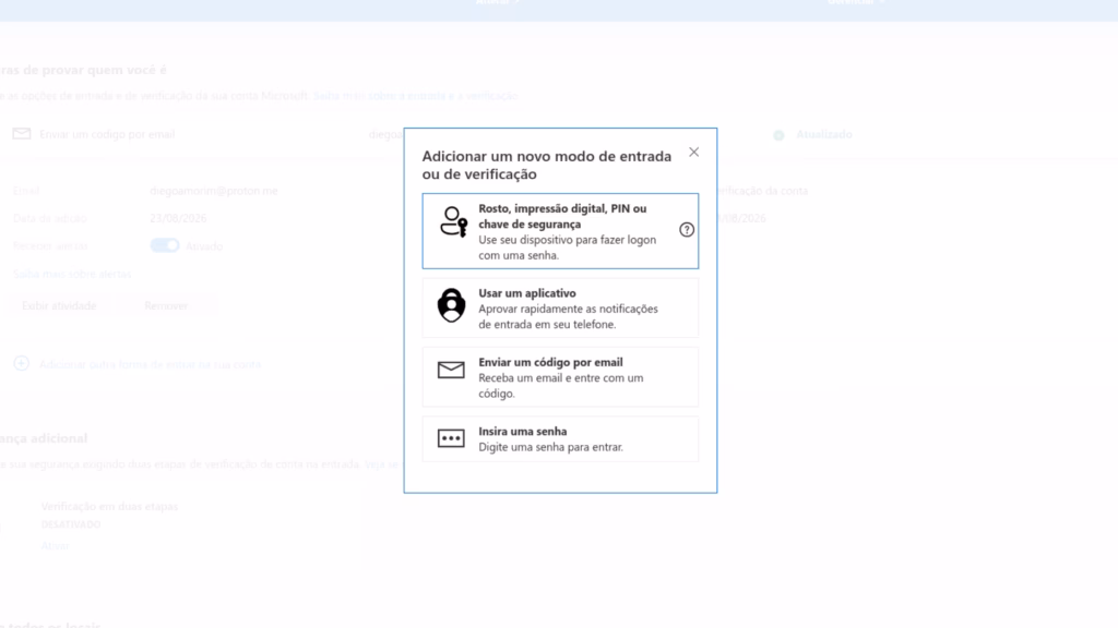 Como criar uma conta de e-mail do outlook Janela da conta microsoft com opções de chave de acesso, aplicativo, código por e-mail e senha para proteger a conta após criar conta microsoft.