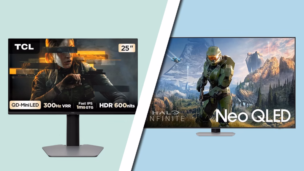O que é vrr: entenda a taxa de atualização variável em monitores e tvs Montagem compara monitor tcl de 25 polegadas com vrr de 300 hz e tv samsung neo qled exibindo halo infinite.