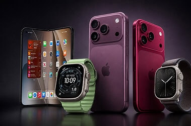 Montagem conceitual com iphones, iphone dobrável e apple watches esperados para setembro de 2026