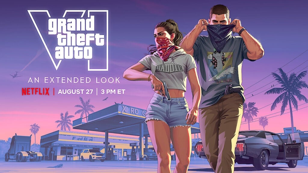 Arte de gta 6: um olhar estendido mostra lucia e jason diante de um posto de gasolina ao entardecer