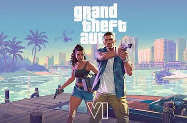 Jason e lucia armados diante de barcos e prédios de vice city com o logotipo de gta vi