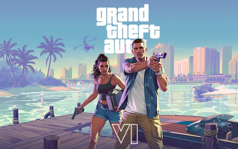 Jason e lucia armados diante de barcos e prédios de vice city com o logotipo de gta vi