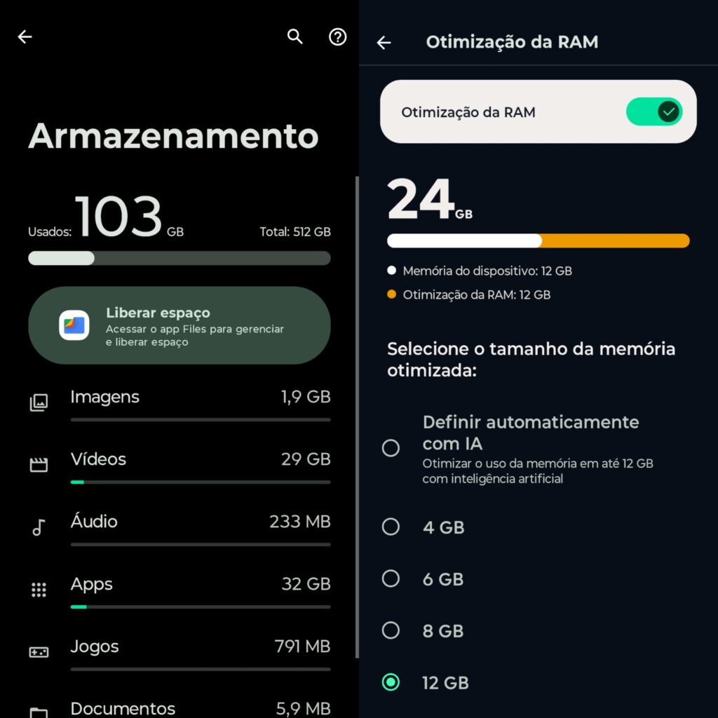 Dados de armazenamento interno e memória ram do motorola edge 70
