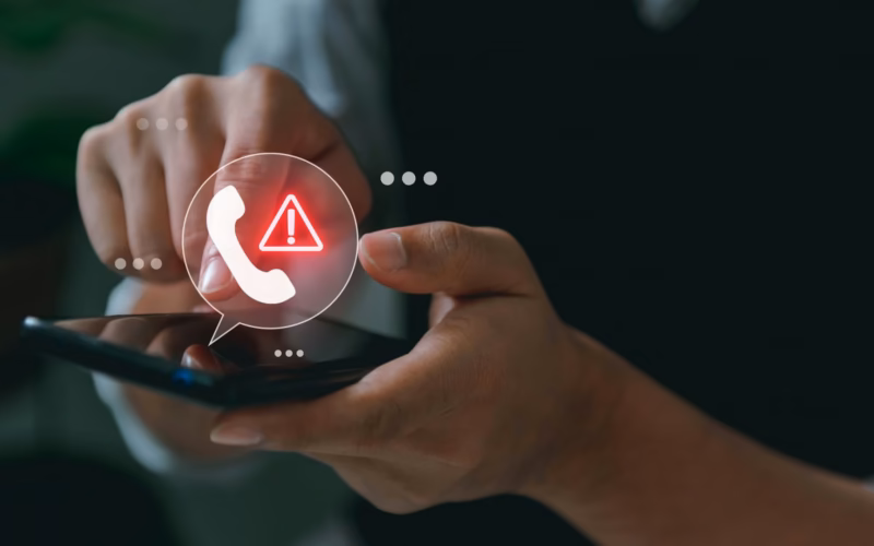 Pessoa usa celular com ícone de alerta sobre uma chamada potencialmente abusiva