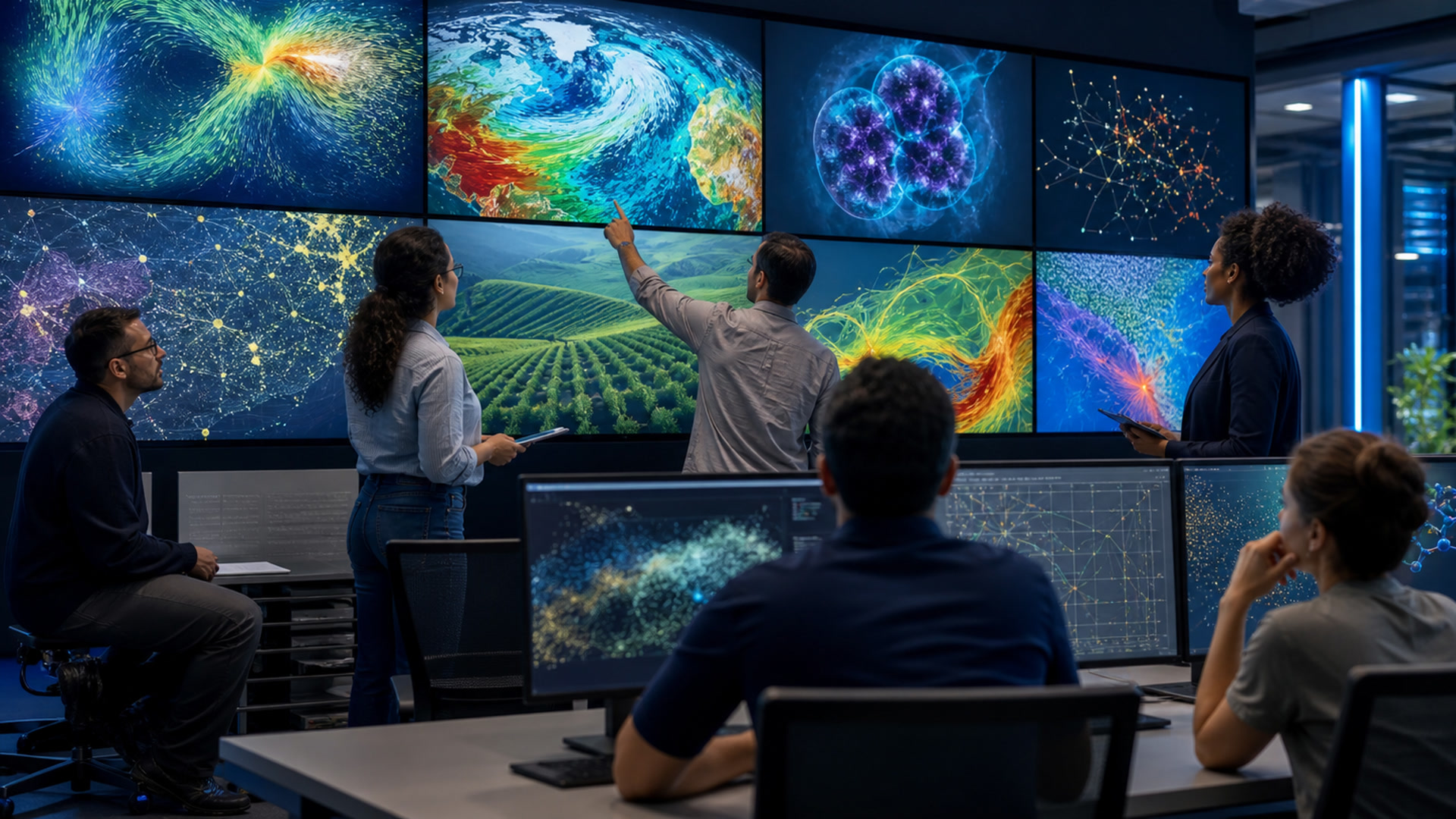 Brasil terá supercomputador de r$ 1 bi e nuvem soberana para ia Equipe de pesquisadores analisa visualizações científicas em um centro de computação avançada