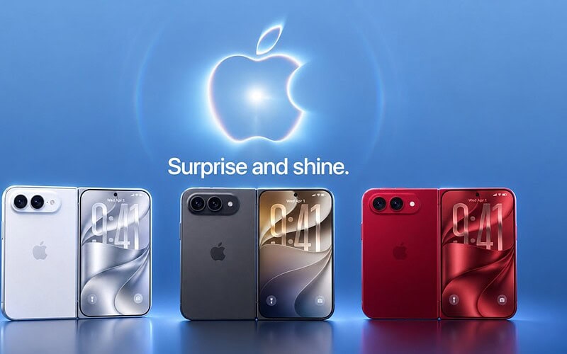 Convite do evento da apple com o logotipo iluminado e três conceitos de iphone dobrável nas cores prata, preto e vermelho