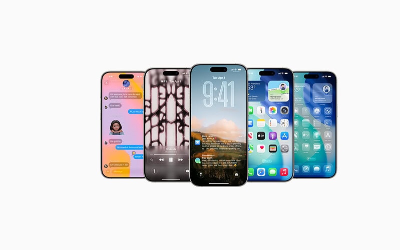 Cinco modelos de iphone inteiros exibem diferentes telas da interface do ios 26