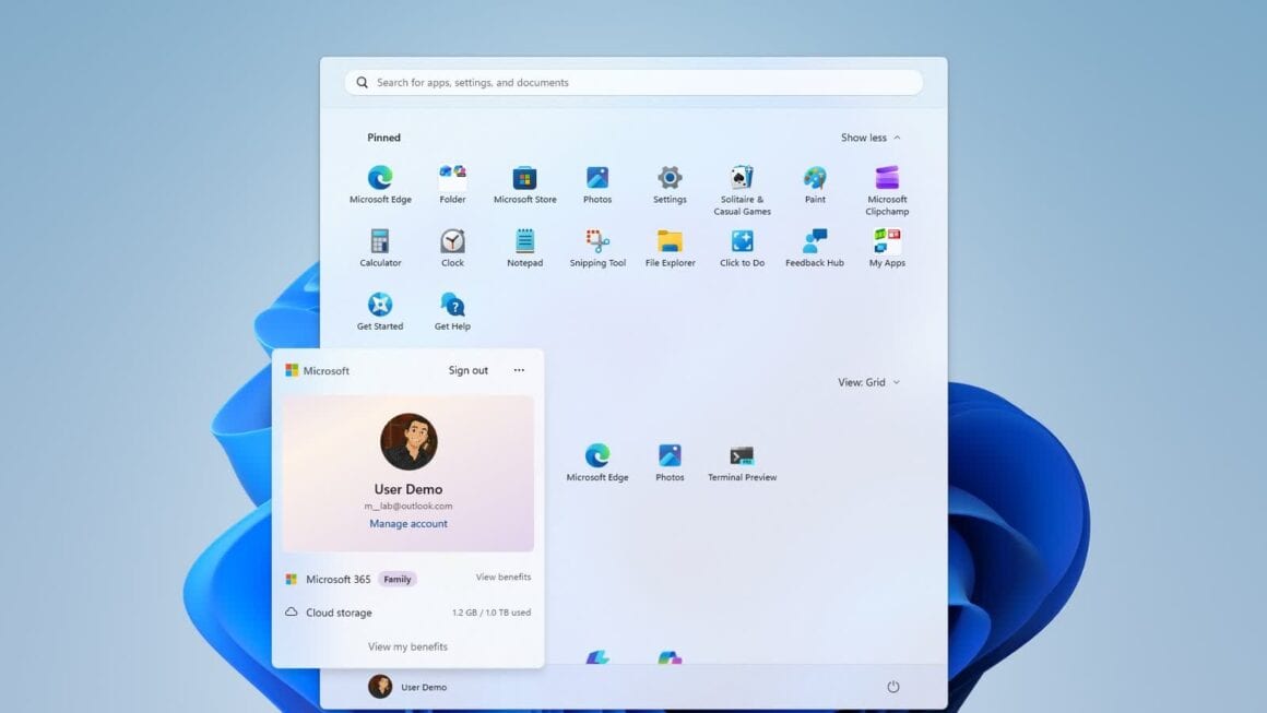Menu iniciar do windows 11 aberto com novo painel de controle da conta