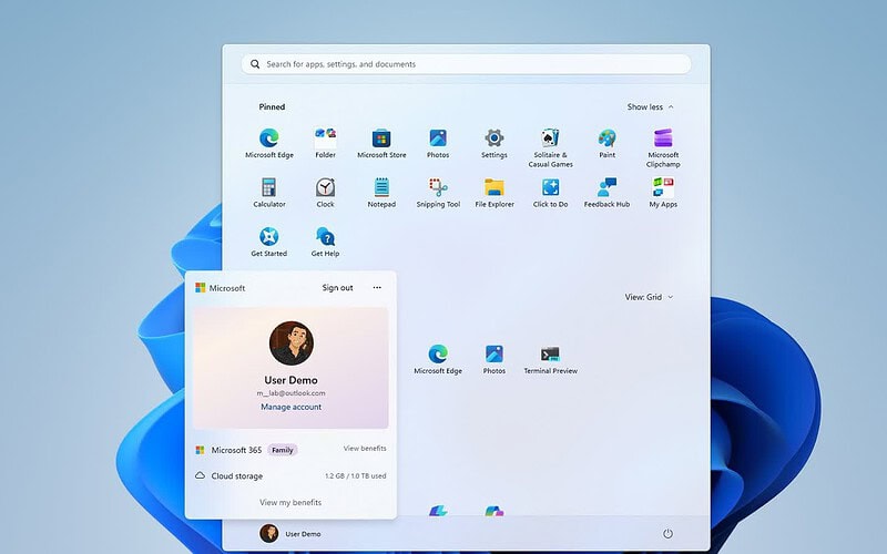 Menu iniciar do windows 11 aberto com novo painel de controle da conta