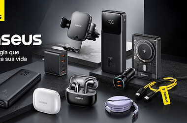 Produtos baseus como carregadores, power banks, fones, cabos e suporte veicular