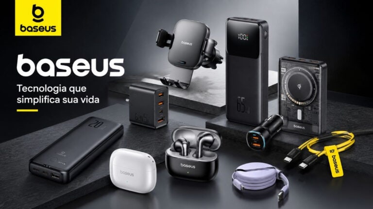 Produtos baseus como carregadores, power banks, fones, cabos e suporte veicular