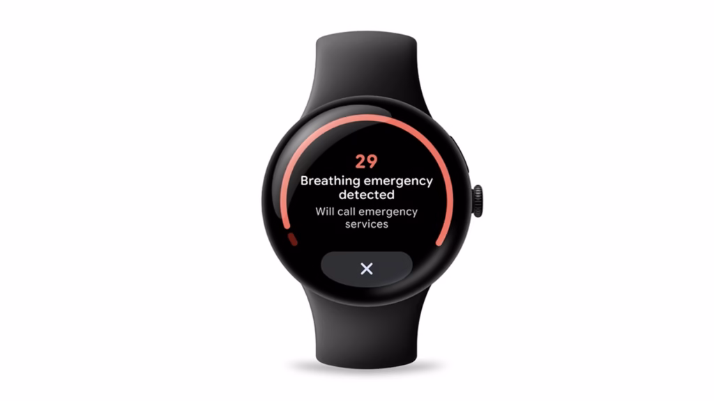 Google lança pixel watch 5 e pixel tag no made by google 2026 Pixel watch 5 exibe alerta de emergência respiratória detectada e contagem regressiva para chamar socorro.