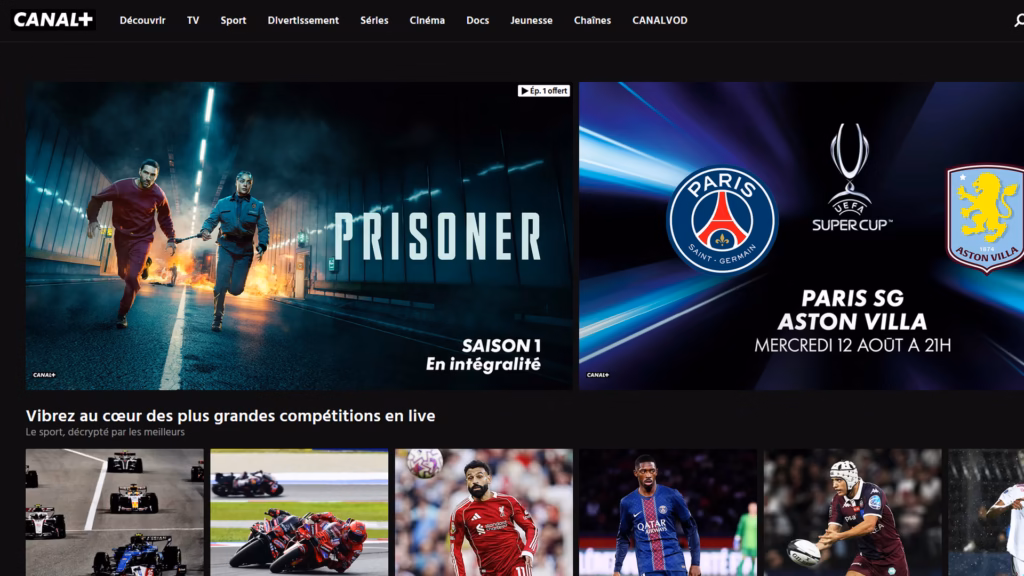 Entenda o que é dolby vision 2 Interface gráfica escura do serviço de streaming francês canal+ exibindo lançamentos de séries e transmissões de futebol.