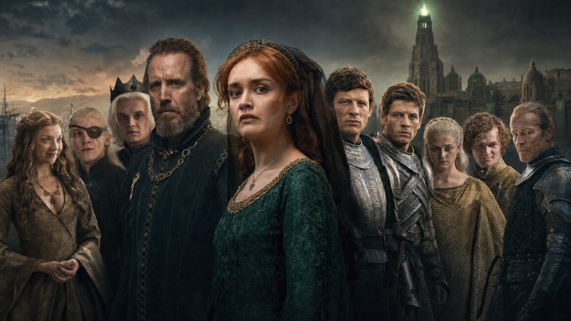 Alicent, otto, gwayne, ormund, aegon ii, aemond, helaena, margaery, loras e jorah diante de torralta