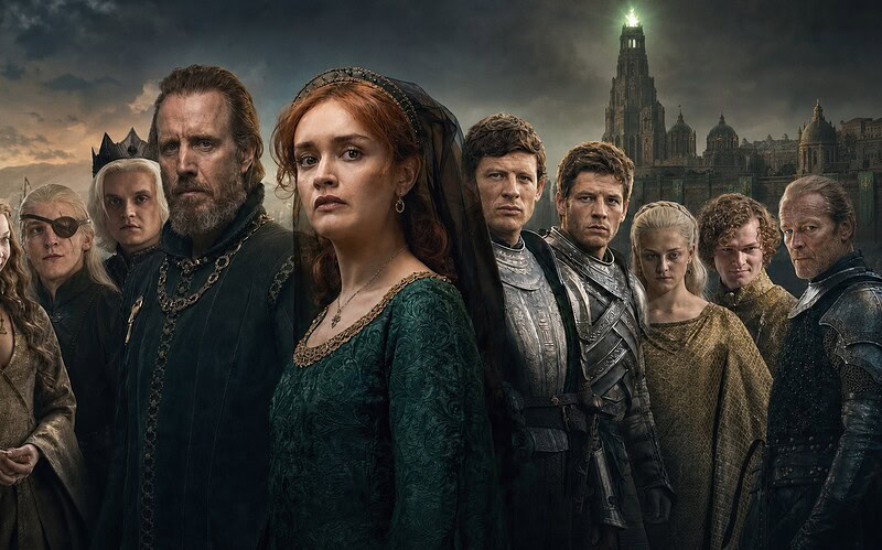 Alicent, otto, gwayne, ormund, aegon ii, aemond, helaena, margaery, loras e jorah diante de torralta
