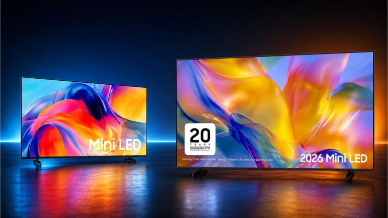 Montagem com ia das tvs mini led m75h e m90h da samsung, lado a lado, com telas coloridas sobre fundo escuro iluminado.
