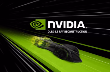 Logo e texto da nvidia, dlss 4. 5 ray reconstruction, sobre carro futurista em faixa verde contra fundo preto