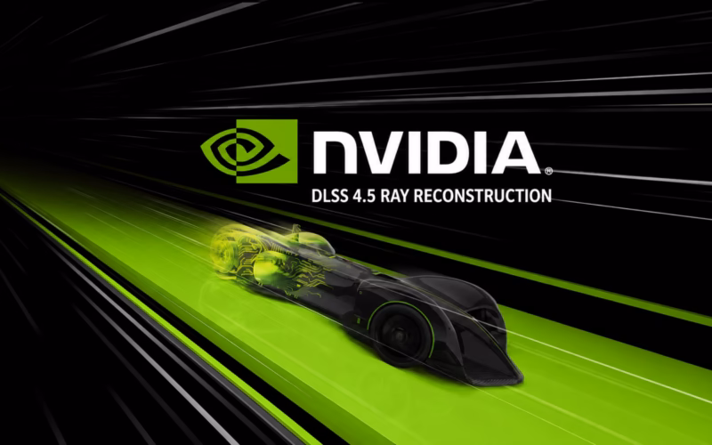 Logo e texto da nvidia, dlss 4. 5 ray reconstruction, sobre carro futurista em faixa verde contra fundo preto