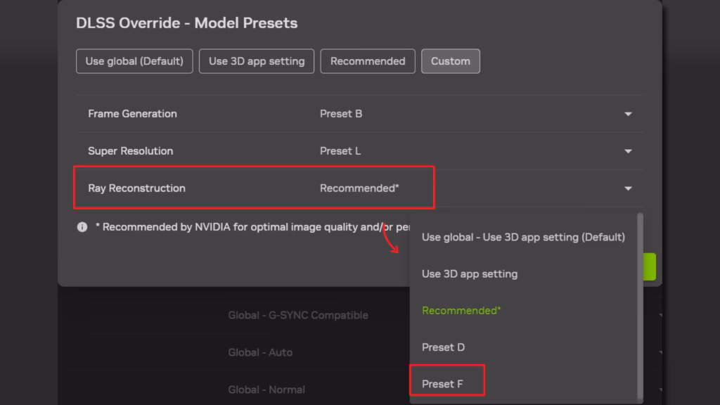 Veja os 30 jogos que já suportam o dlss 4. 5 ray reconstruction Dlss 4. 5 ray reconstruction é selecionado no nvidia app pelo menu de presets, com recommended e preset f destacados