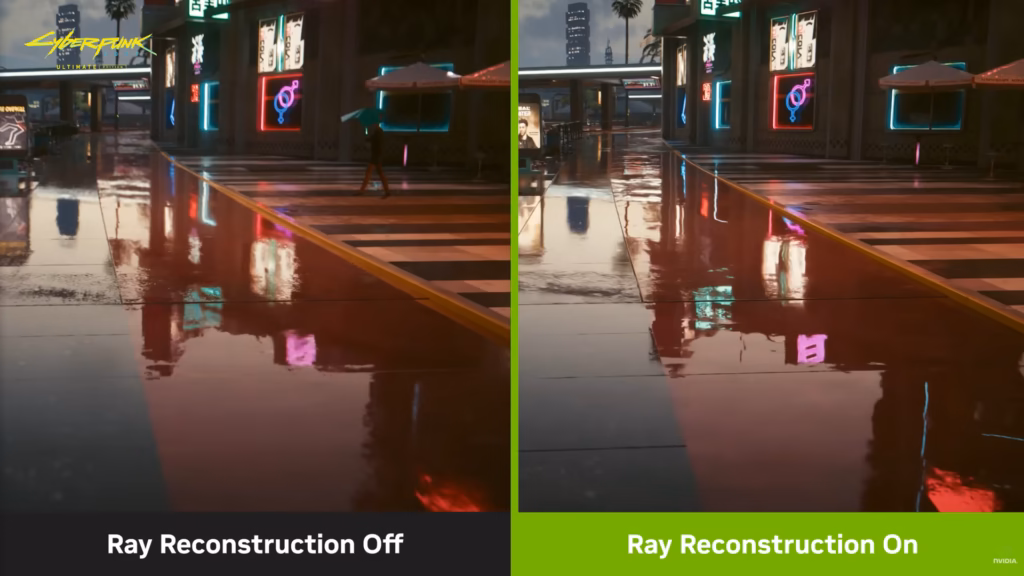 Veja os 30 jogos que já suportam o dlss 4. 5 ray reconstruction Dlss 4. 5 ray reconstruction compara cena de cyberpunk 2077 com recurso desligado e ligado, destacando reflexos mais estáveis
