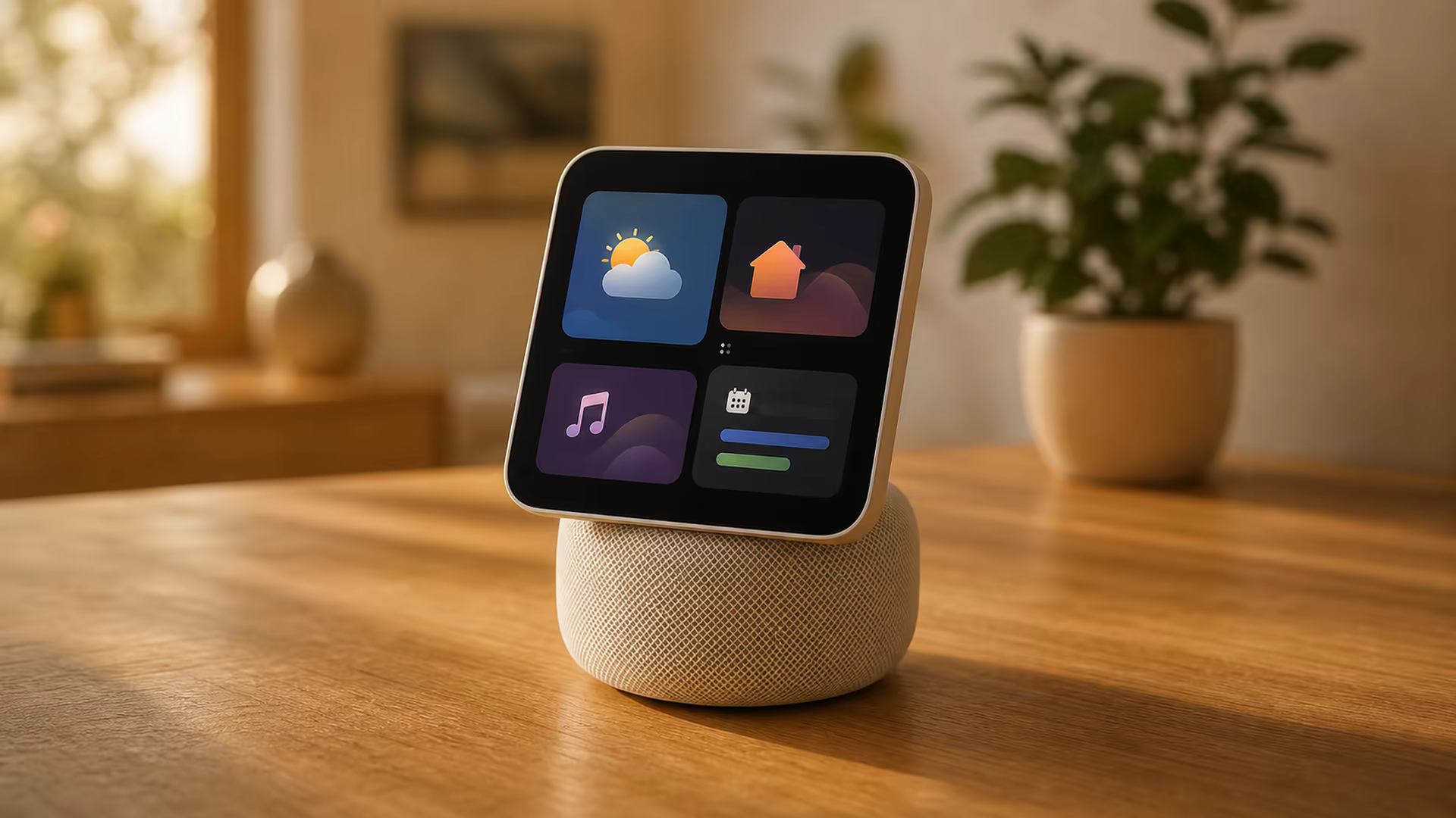 Apple pode lançar novos homepod mini, apple tv 4k e hub doméstico com tela Conceito da central doméstica da apple com tela quadrada inclinada sobre uma base de alto-falante revestida de tecido.