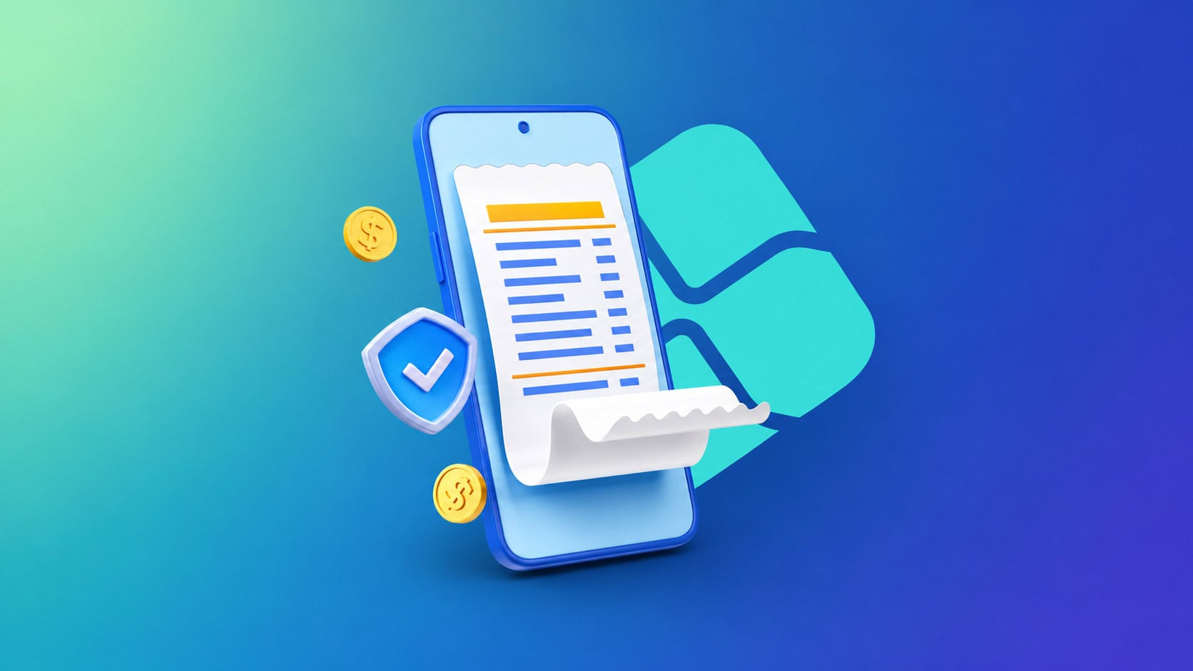 Smartphone com comprovante digital, símbolo do pix, moedas e escudo de segurança