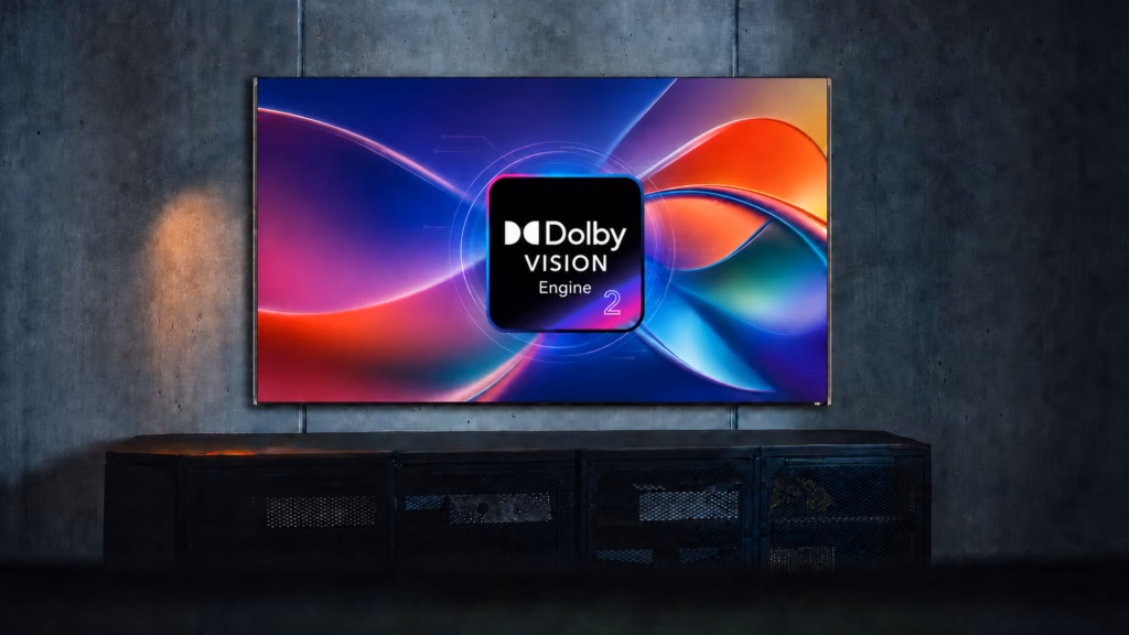 Entenda o que é dolby vision 2 Smart tv em ambiente industrial exibindo formas coloridas e ondular abstrato sobrepondo o selo do motor de imagem dolby vision 2.