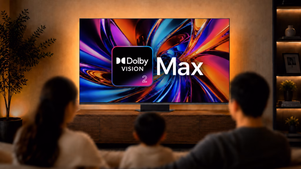 Entenda o que é dolby vision 2 Vista traseira de uma família sentada em um sofá observando uma telão que exibe arte digital colorida e o selo dolby vision 2 max.