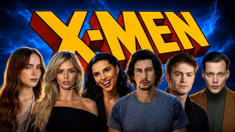 Montagem com possíveis integrantes do elenco de x-men no mcu diante do logotipo da equipe