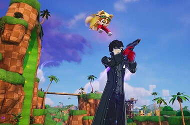 Sonic, joker de persona 5 e tails reunidos em cenário de fortnite