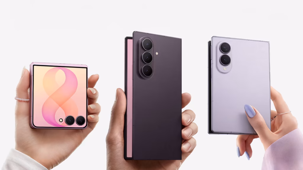 Sucesso do galaxy z fold8 faz samsung ampliar produção em 1 milhão Galaxy z fold8 ultra, galaxy z fold8 e galaxy z flip8 lado a lado