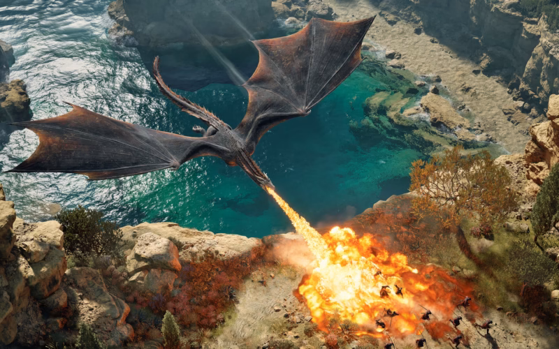 Dragão sobrevoa um exército e lança fogo em game of thrones: war for westeros.