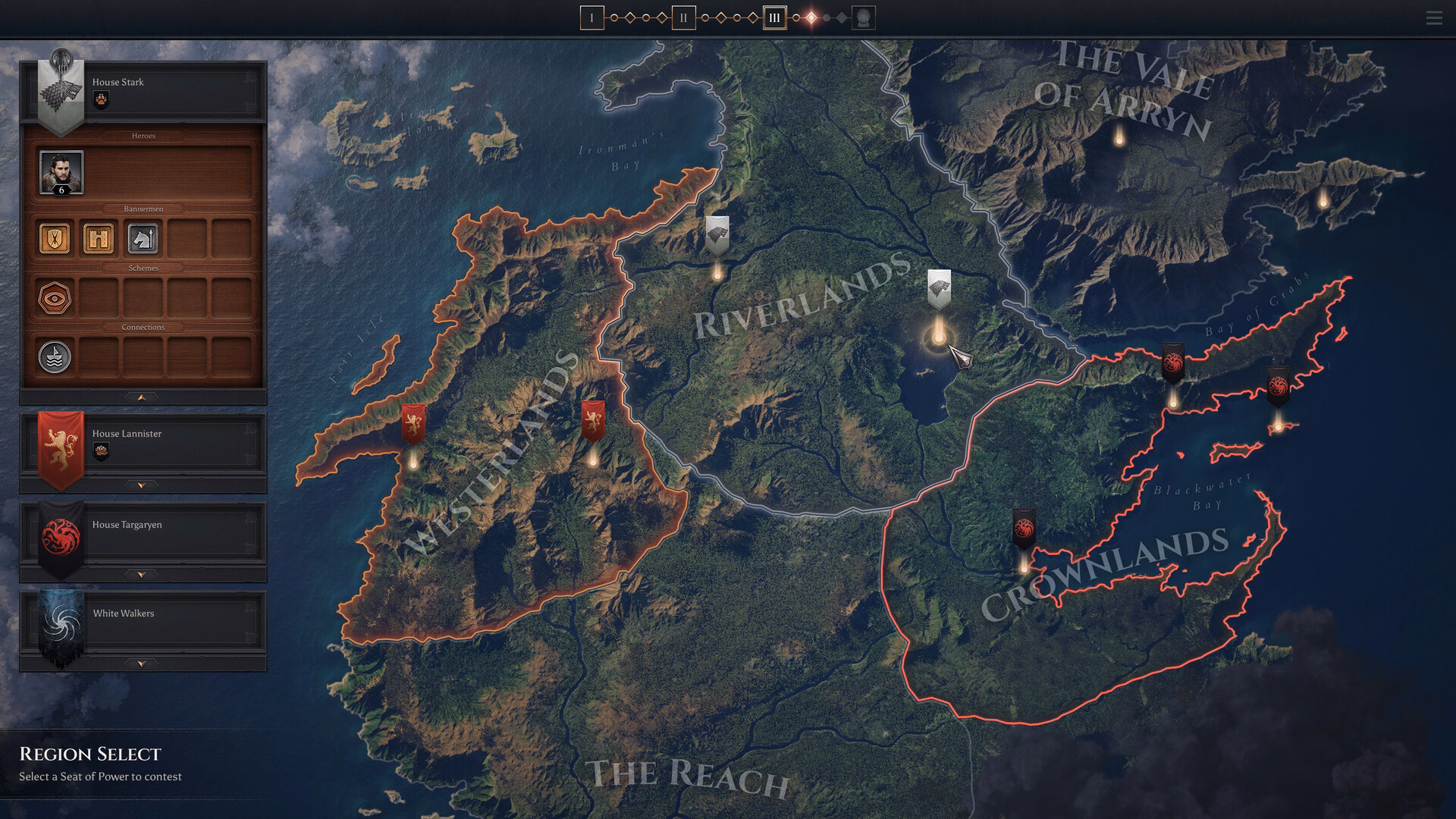 Game of thrones: war for westeros chega ao pc em 2027 Mapa estratégico de westeros com regiões controladas por diferentes facções.