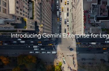 Vista aérea de uma cidade com o texto introducing gemini enterprise for legal.
