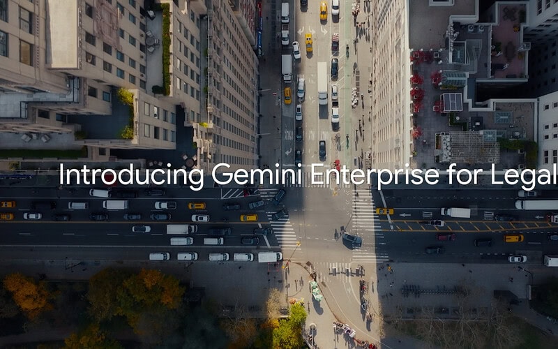 Vista aérea de uma cidade com o texto introducing gemini enterprise for legal.
