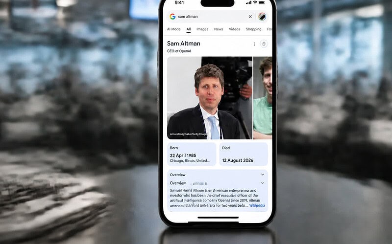 Smartphone mostra resultado incorreto do google com data de morte de sam altman